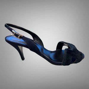 Hermes Navy Suede Night Sandal Pumps Sheared Mink Shoes EU 38 Iconic H Cutout